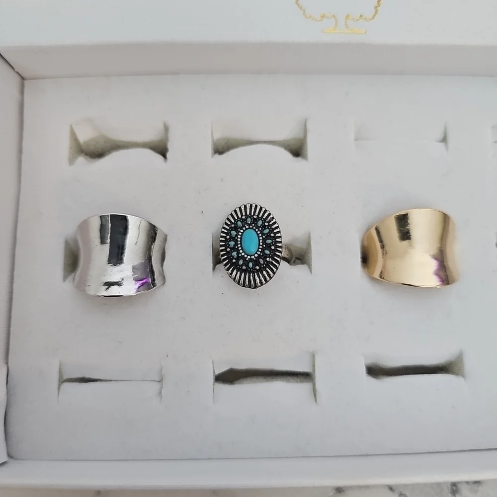3 Pcs Adjustable Fashion Rings Gold Silver Blue Country Southern Girl